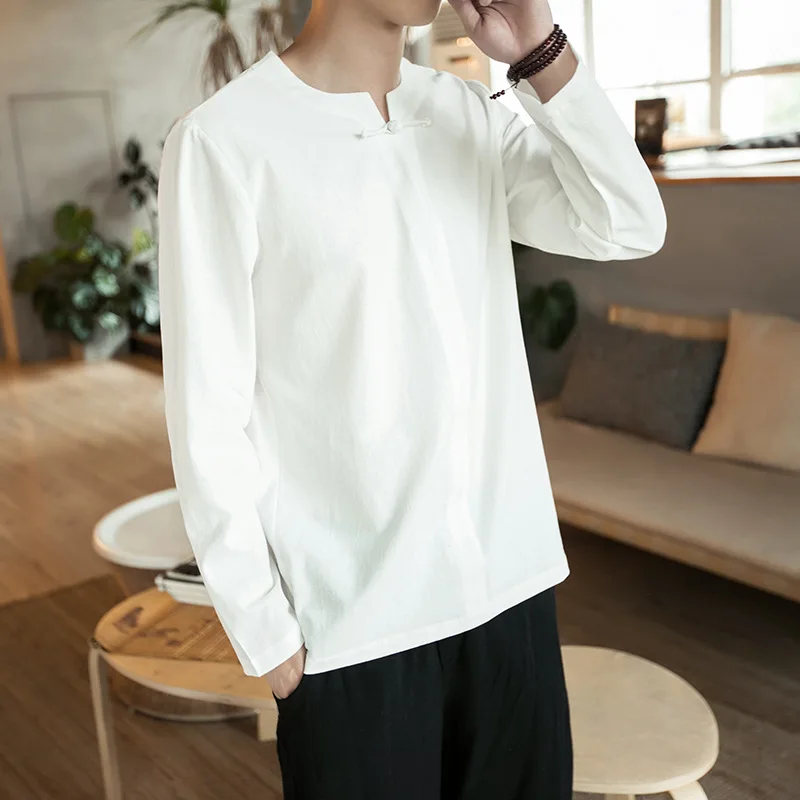 Men Sweatshirts Cotton Linen Chinese Traditional Long Sleeve Shirt Casual Jogger Taichi Meditation Kungfu Yoga Shirt Activewear