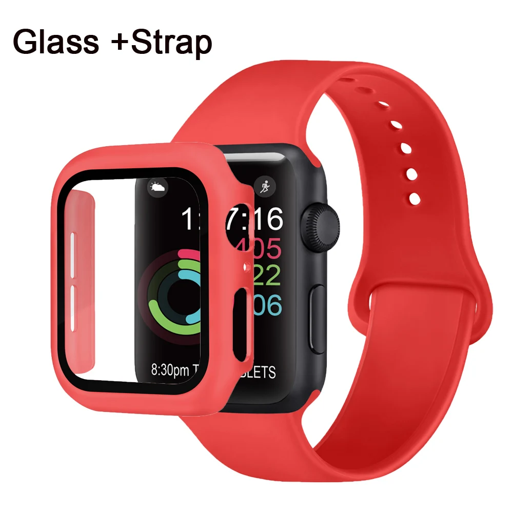 

Glass Case+Strap For Apple Watch band 44mm 40mm 38mm 42mm Screen Protector+Case+belt Accessories Bracelet IWatch Series 6 5 4 3