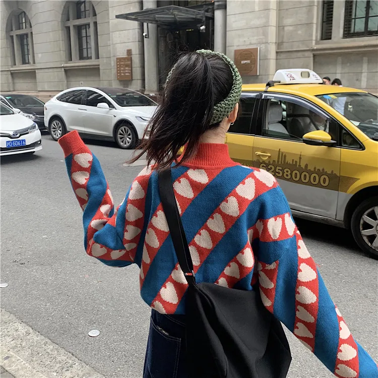 Casual Loose High Collar Love Sweater Women's Sweaters Japanese Kawaii Ulzzang Female Korean Harajuku Clothing For Women | Женская