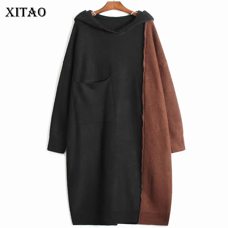 

XITAO лоскутное вязаное платье с карманом и капюшоном, новинка зимы 2021, повседневное модное свободное платье, подходит ко всему, Xj2504