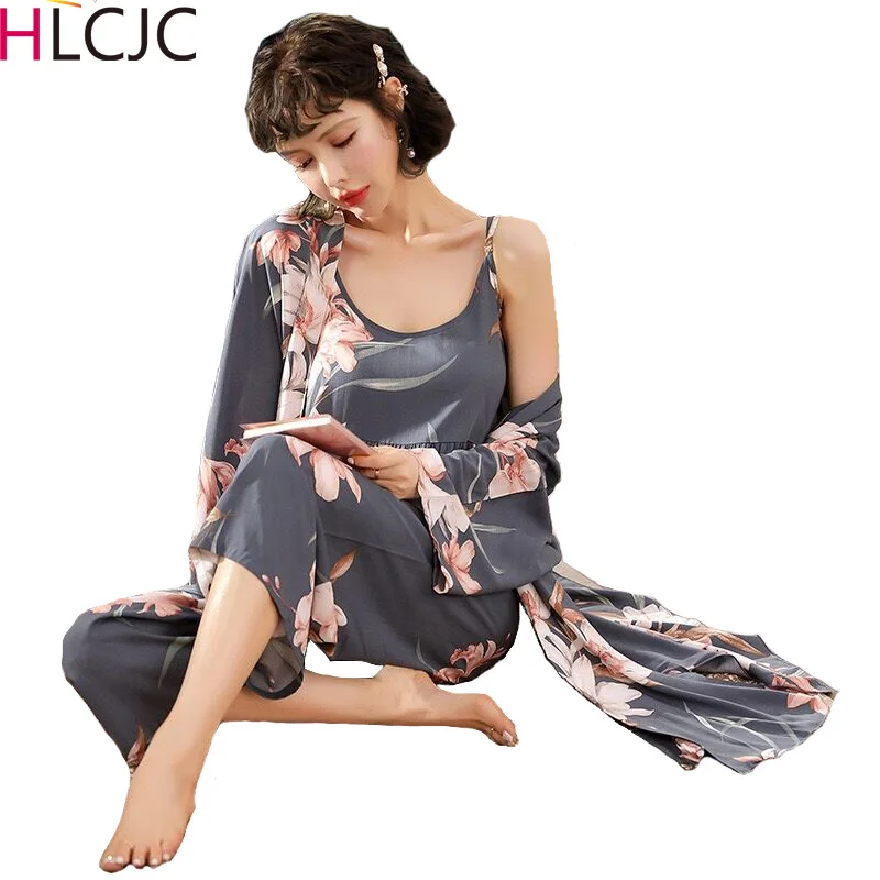 Весенне осенняя Женская пижама одежда для сна комплекты из 3 предметов женские