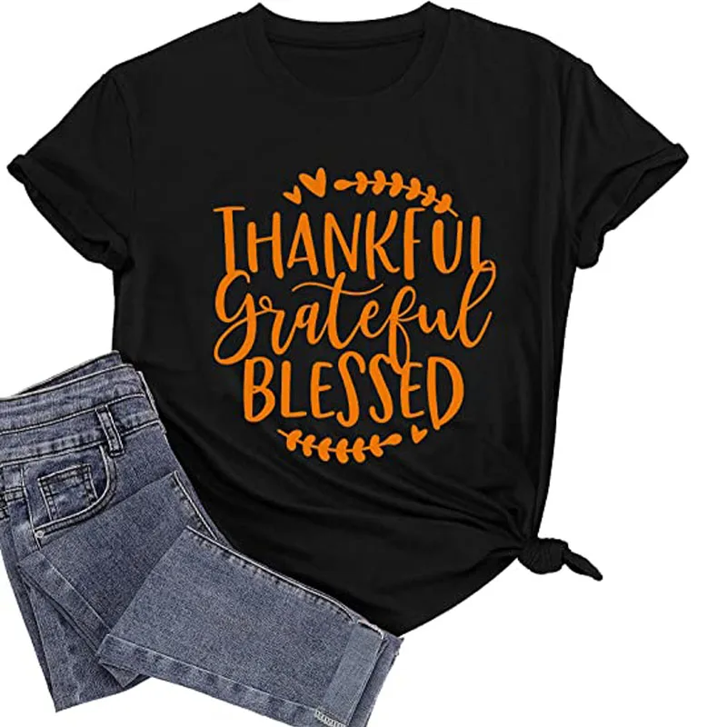 

Thanksgiving Shirt for Women Thankful Grateful Blessed T-Shirt Funny Graphic Tees Tops Fall Tshirts