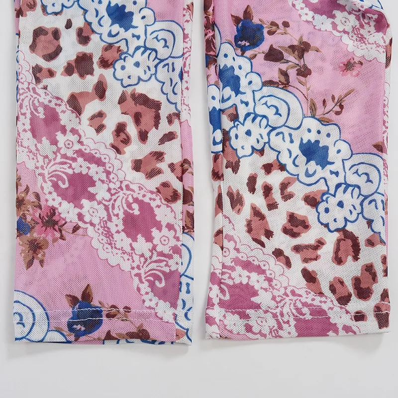 

Woman Summer Strapless Jumpsuits Mesh Trumpet Sleeve Floral Printed Rompers Fashion Bodycon Long Pants Jumpsuits Sexy Clubwear