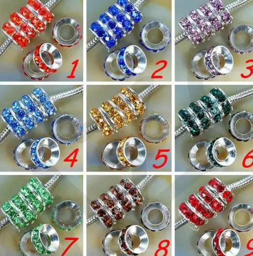 

10mm mixed white fgrt3 color wholesale rhinstone bracelet silver plated Crystal Big Hole Beads European Round Loose Charm bead
