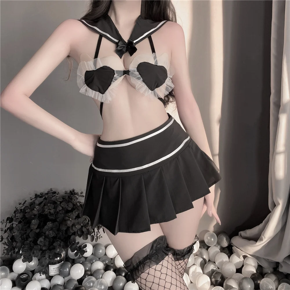 

New Sexy Cute Lingerie Set Student Sailor Cosplay Role Play Uniform Bowknot Heart Shape Lace Sling Bra Miniskirt Pleated Skirt