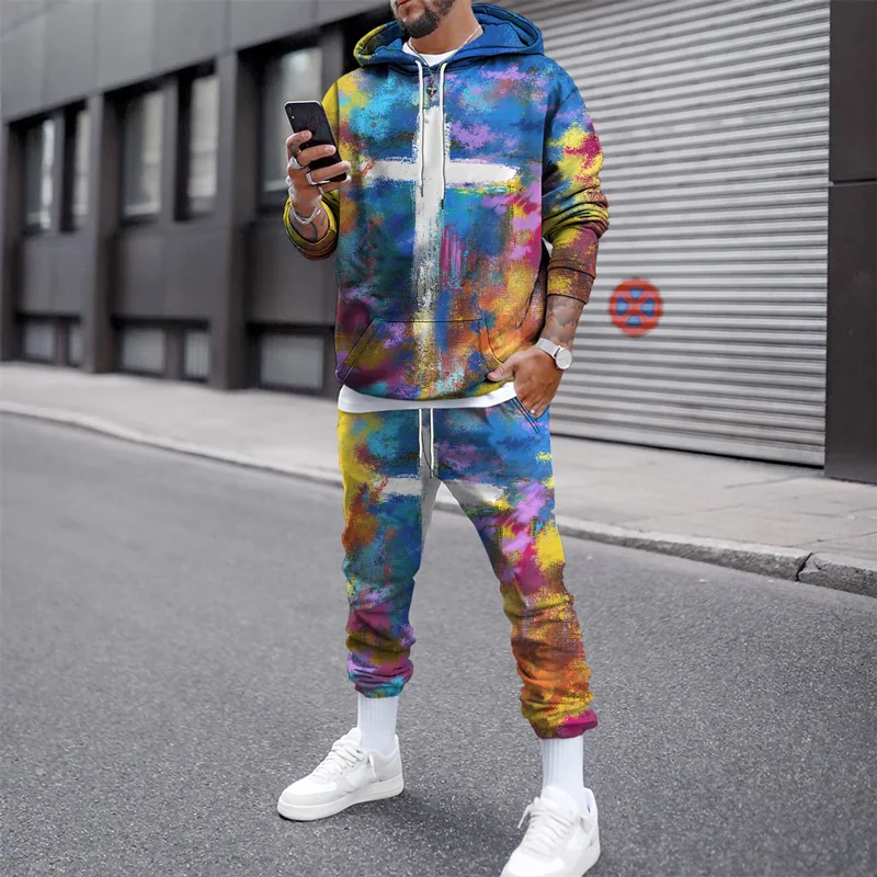 

Autumn Winter New Fashion Long Sleeve Hooded sweater 2 Piece Set Men's Sportswear 3D Cross Printed Hoodie Pants Sports Suit