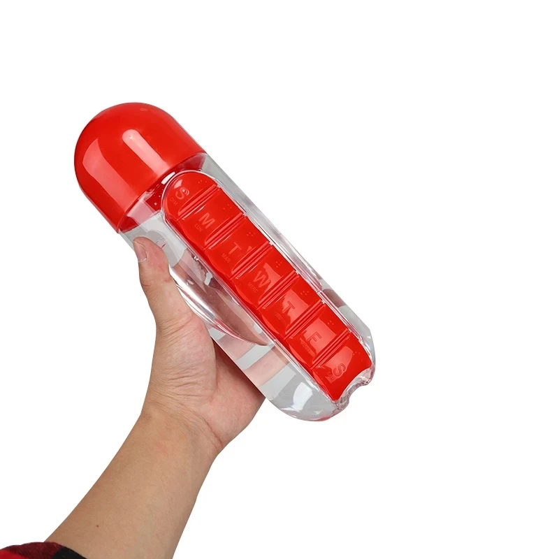 

600Ml 2 IN 1Water Bottle with Pillbox Plastic Drink Bottle Outdoor7 Compartments Medicine Organizer Drinking Leak-Proof Bottles