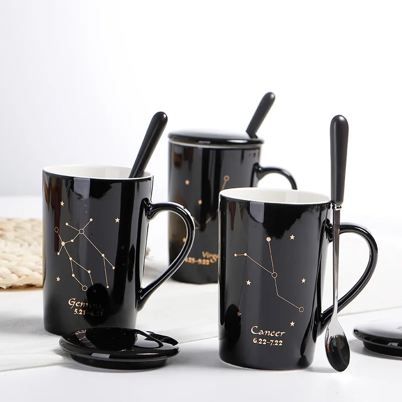

M12 Constellation Ceramic Tumbler Water Glass Black Cup Couple Cups Office Mug with Cover Spoon Coffee Mugs Shot Glasses