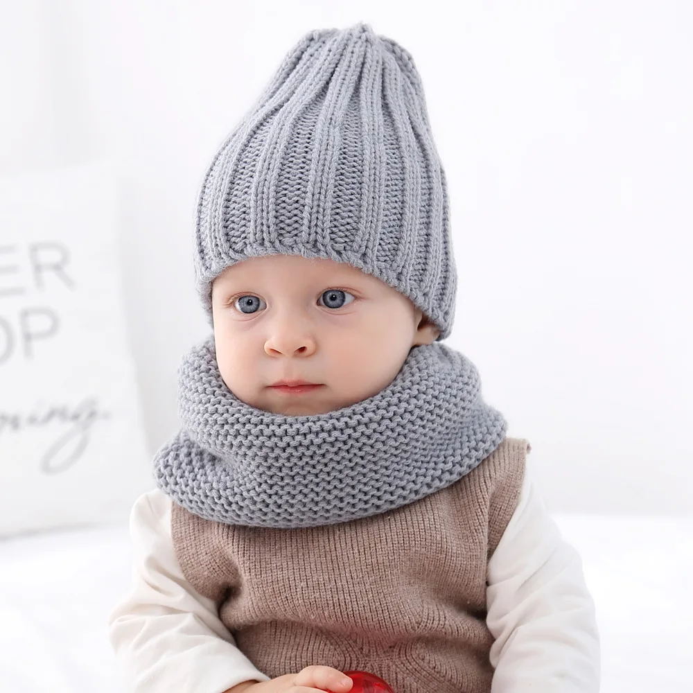 

Children's Hat and Bib Baby Hat Scarf Set Solid Color Warm Breathable Thick Male Hats Cold-resistant Windproof Beanies For Kid