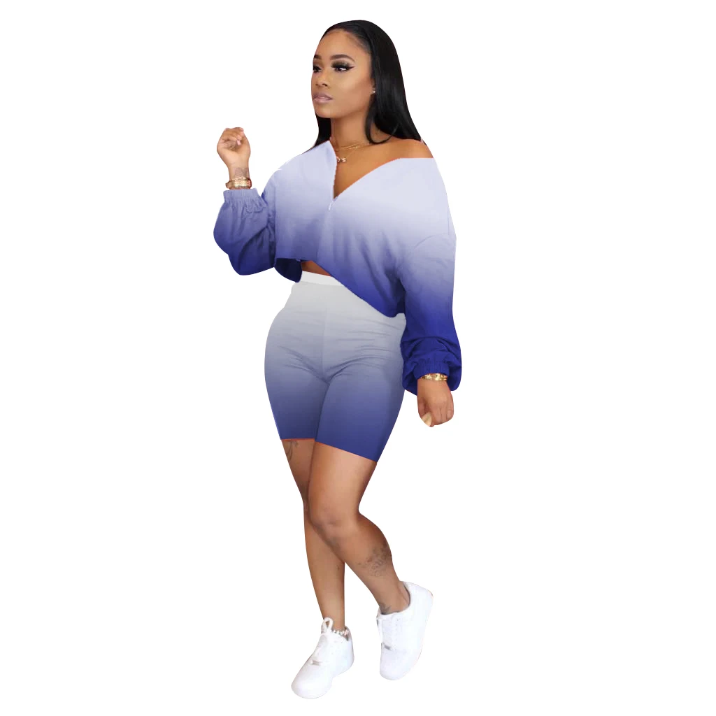 Женские летние спортивные костюмы S-3XL Топ с длинным рукавом и градиентным