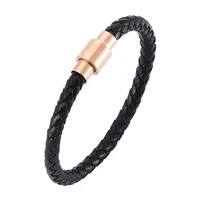 men black braided leather bracelet rose gold stainless steel magnetic buckle bracelets fashion jewelry gifts sp0040
