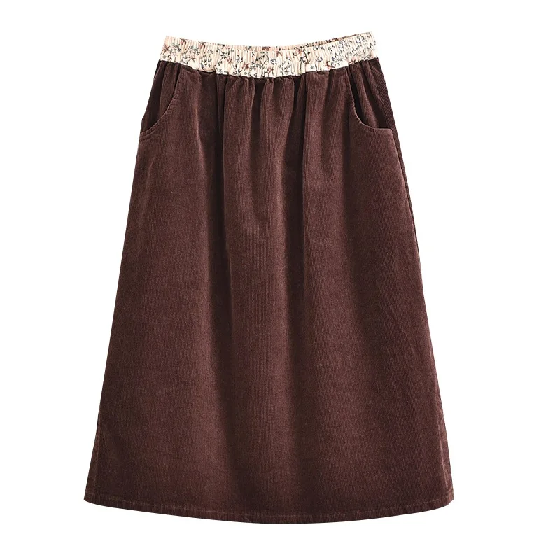 

Autumn Winter Corduroy Skirts Elastic High Waist Solid Color A-line Knee Pockets Long Skirt Women Casual Outerwear TA5292