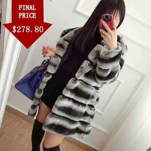 Высокое качество роскошные рекс кролика шуба шиншилла с капюшоном натуральный мех женщины  Женские шубы из кролика шиншиллы длинные меховое пальто