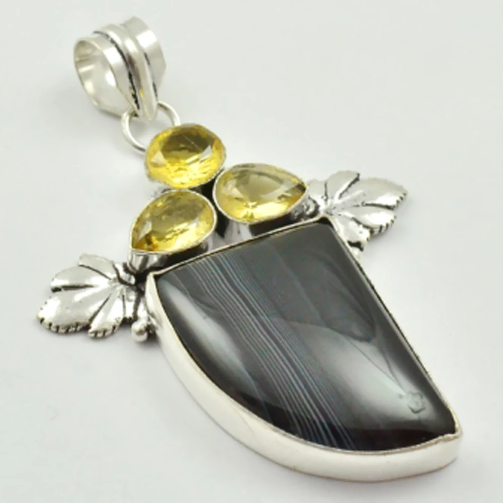 

Botswana Agates & Citrines Pendant Silver Overlay over Copper , 62 mm, P3284