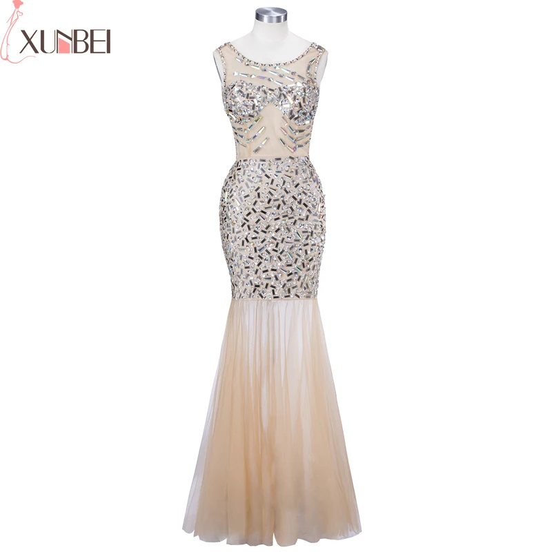 

In Stock Backless Evening Dress Scoop Mermaid Sequined Tulle Prom Dress Sleeveless Prom Dress Long Evening Formal Party Gowns