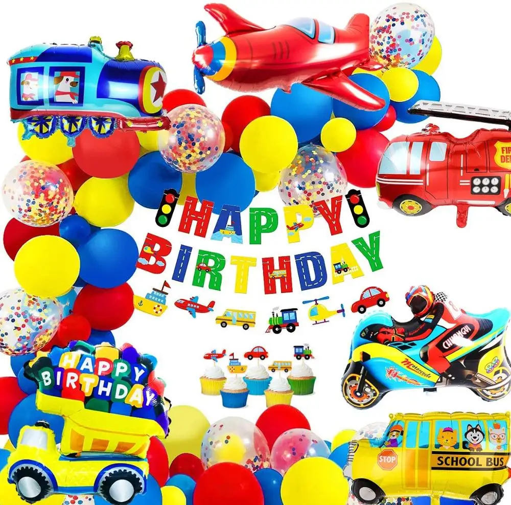 

Birthday Decoration for boys Happy Birthday Banner Cars School Bus Train Fire Truck Motorcycle Plane Balloons Transport Vehicles