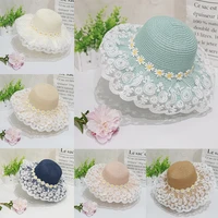 toddler kids girls outdoor boho straw hat sun protection sunflowers print lace sunhats