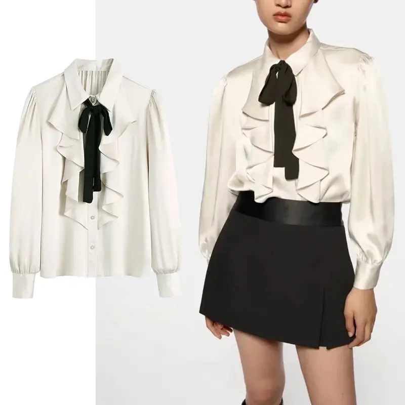 

Женская рубашка с бантом Za, однобортная Повседневная Блузка с отложным воротником и длинным рукавом, осень 2021
