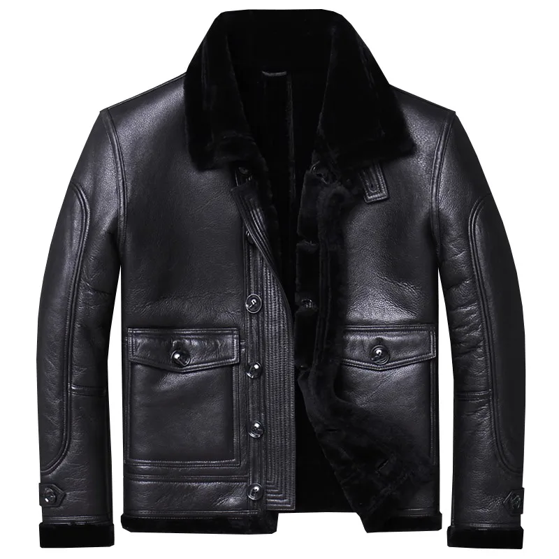 

Sheep High Quality Shearing Winter Warm Mens Real Fur Jackets Genuine Leather Long Sleeve Single Breasted Slim Coats Plus Size