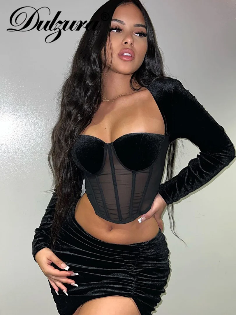 

Dulzura Solid Women Velvet 2 Pieces Long Sleeve Corset Crop Top Ruched Mini Skirt Set Bodycon Sexy Streetwear Party Club Elegant