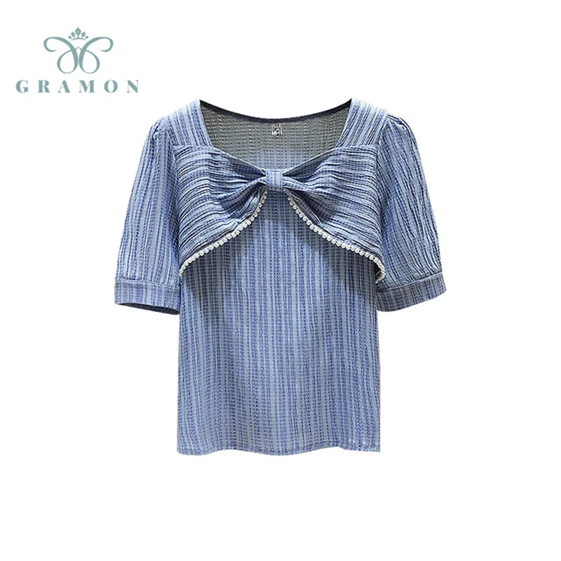 

2021 Summer New Women T-Shirts French Square Neck Top Elegant Bow Sweet Lady Purple Puff Sleeve Plus Size Blouse Female Clothing