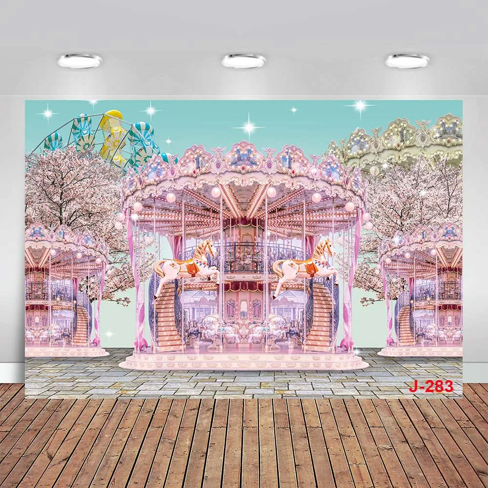 Backdrop for Photography Fairy Tale Carousel Ferris Wheel Cherry Glitter Photo Background Children Birthday Cake Smash