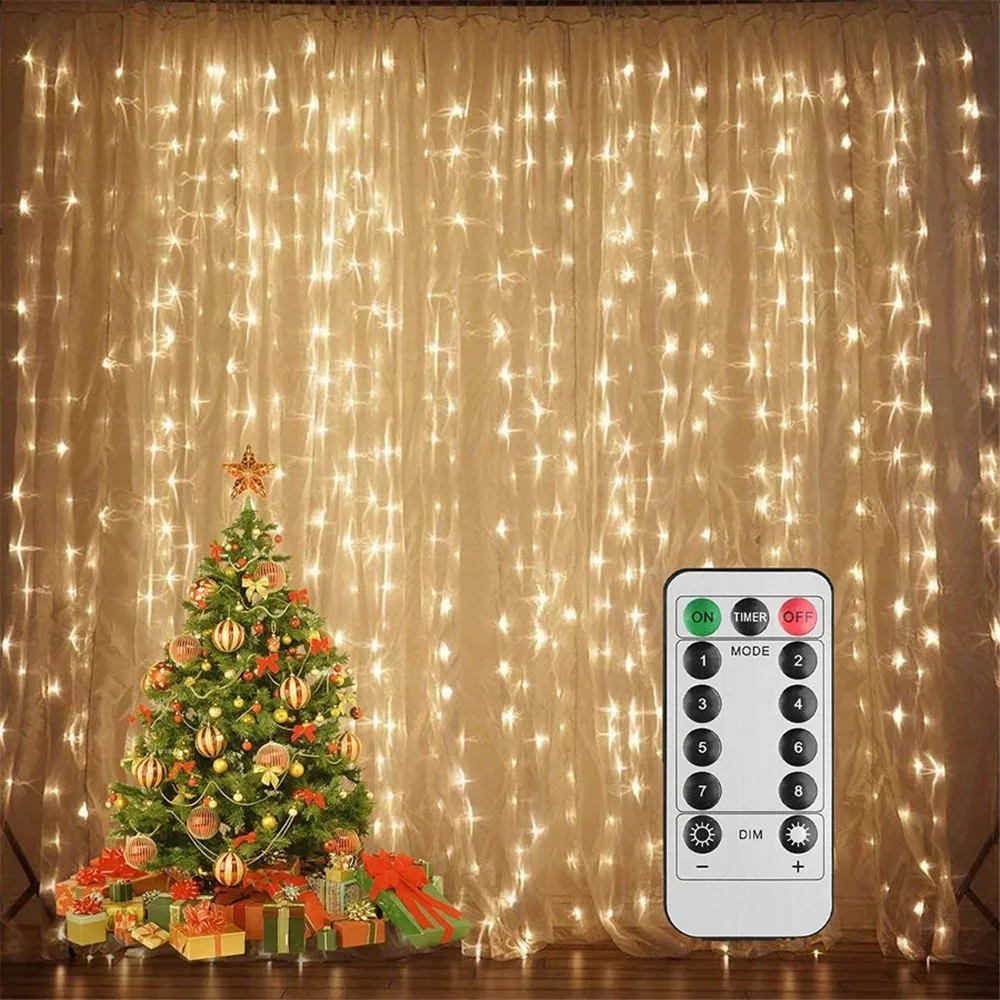 Battery Powered 3X3M 300 LED Curtain Icicle Fairy String Lights Copper Wire Christmas Led Wedding For Window Home Outdoor Decor