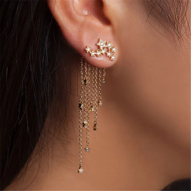 

2021 тренд серьги Gold Color Bar Long Thread Tassel Drop Earrings for Women Shining Back Back hanging five-pointed star earrings