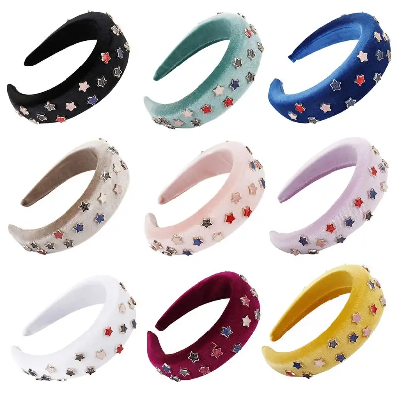 

Women Retro Thick Sponge Padded Headband Metal Star Embellished Wide Hair Hoop Velvet Wrapped Styling Headwear