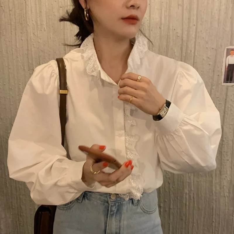 Женская кружевная рубашка элегантная однотонная плиссированная во французском