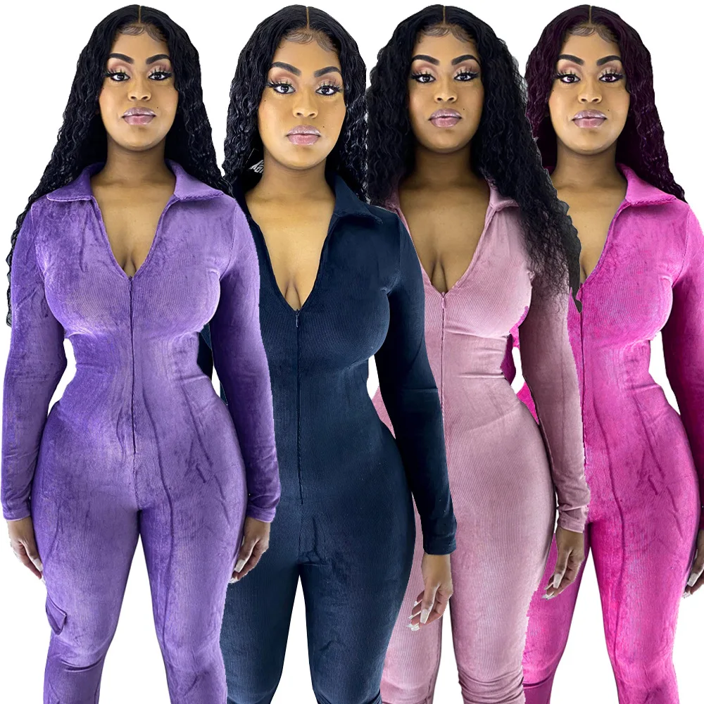 

Fashion Jumpsuits Fall Women Solid Color Zipper Rompers One Piece Set Sexy Clothing Skinny Casual Velvet Sweatsuits
