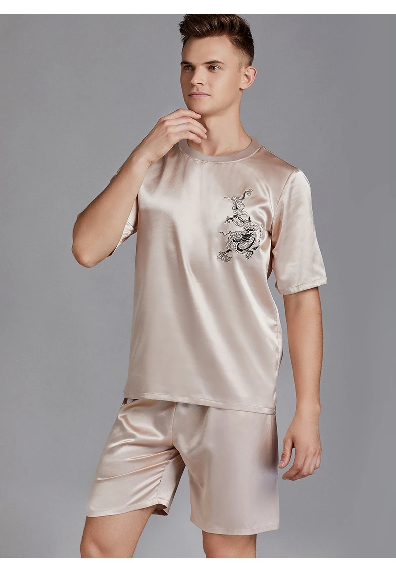 

Kwyaster Pyjama Homme New Faux Silk Loungewear Men Pajamas Set Satin Print Sleepwear Casual 2PCS Shirt&Pants Soft Home Clothes
