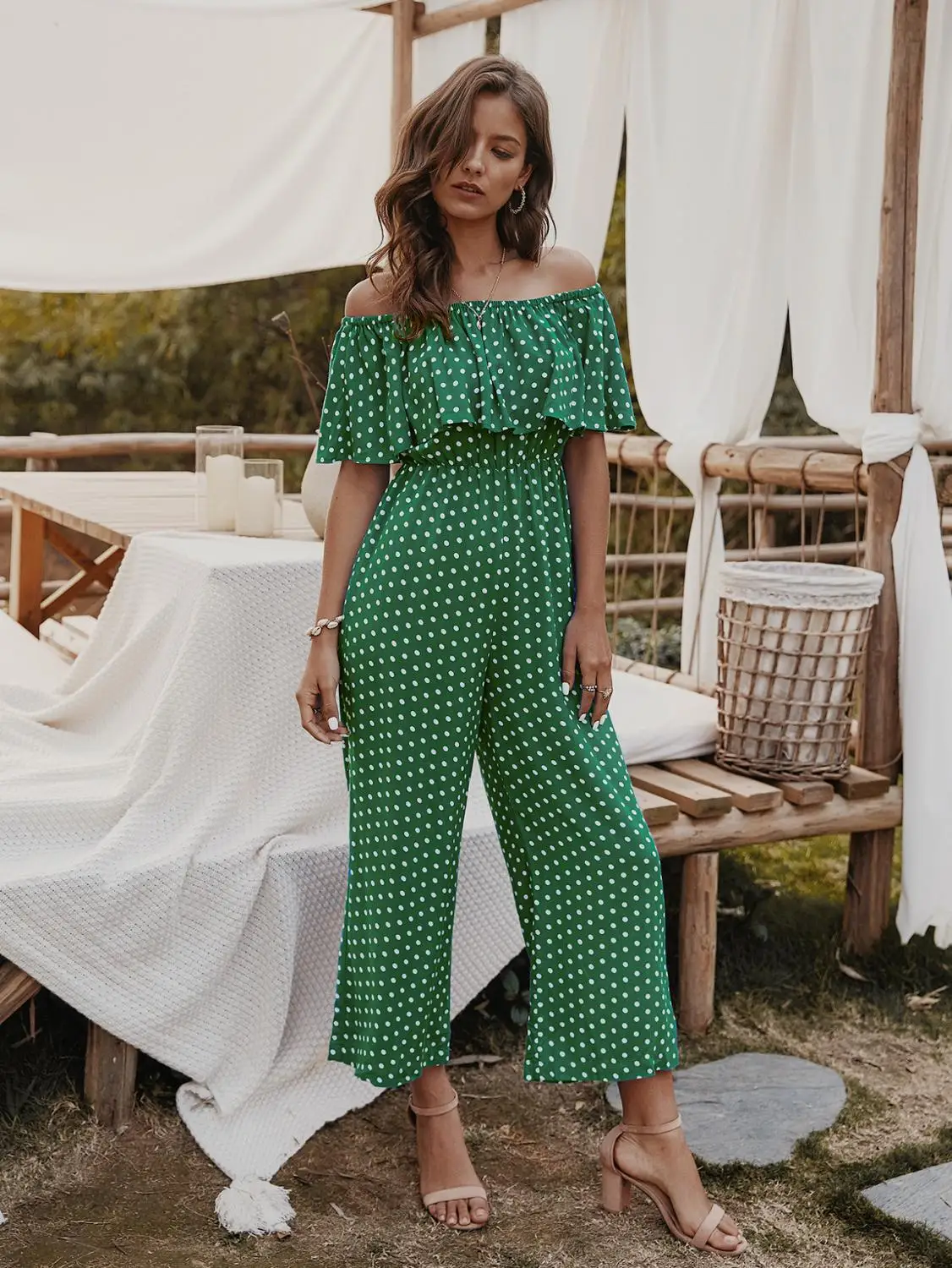 

Summer 2020 Boho Women Jumpsuit Backless Sexy Short Sleeve Dot Elegant Jumpsuit High Waist Women Clothes Casual Wide Leg Pants