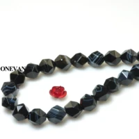 onevan natural black stripe onyx eye agate diamond faceted beads 8mm round stone bracelet necklace jewelry making diy design