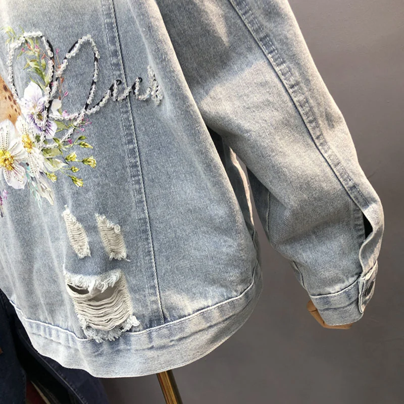 

Harajuku Blue Jean Jacket Female Spring 2021 Loose Fashion Deer Print Beaded Hole Denim Jacket Ropa de mujer Casual Long sleeve