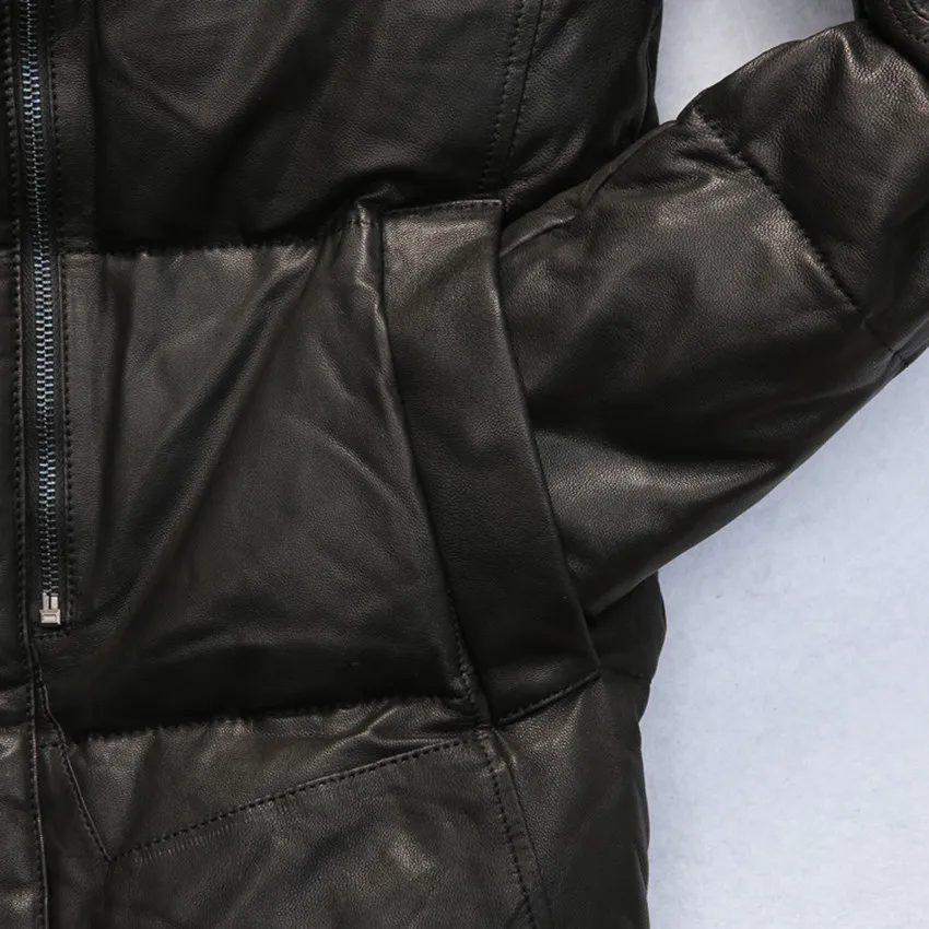 

real reccoon fur hooded white duck leather jacket slim fit down for male sheepskin winter coat men