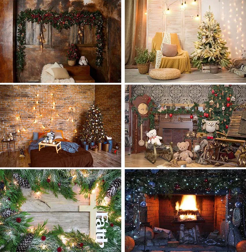 

Christmas Fireplace Backdrop Photography Christmas Tree Vintage Rustic Wood Wall Xmas Photo Background Windows Winter Photocall