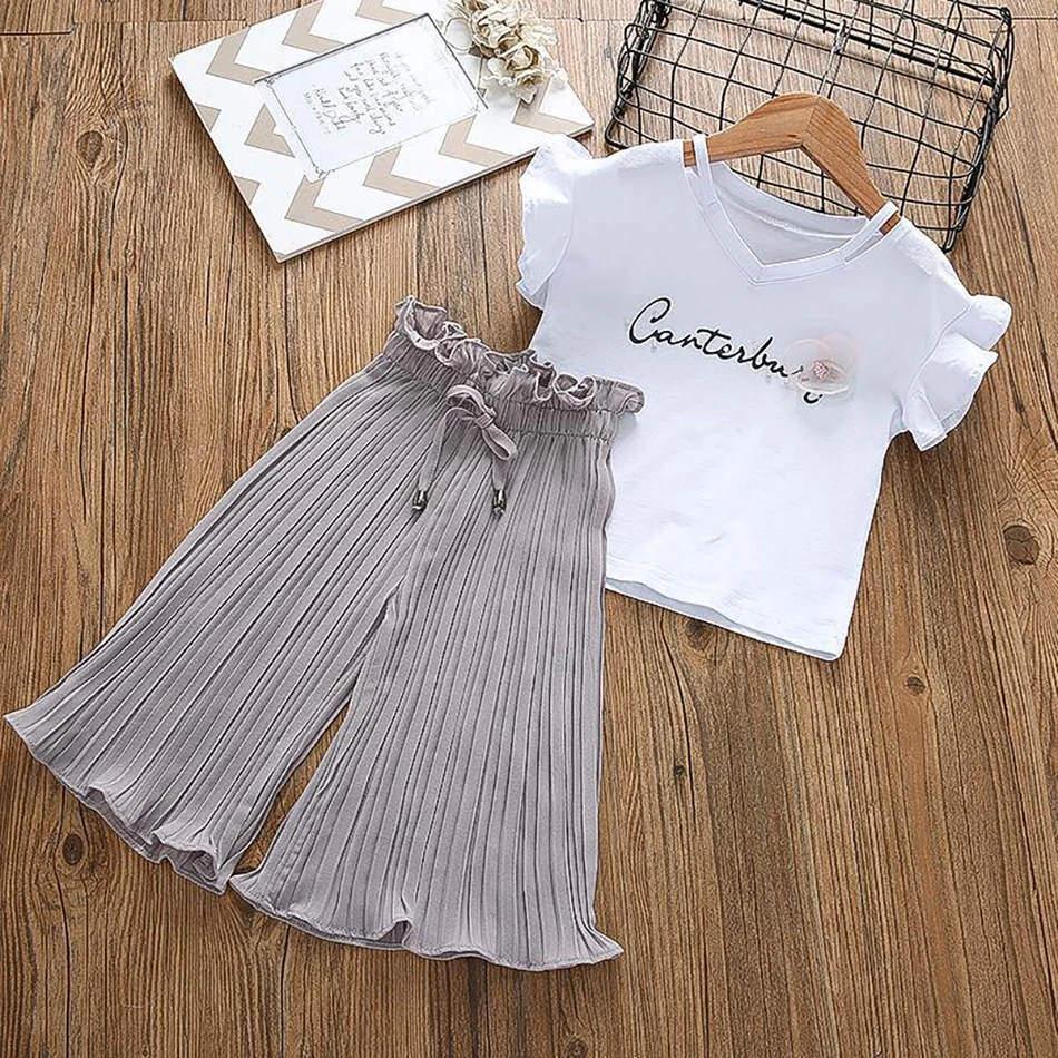 

Kid's Suit for Girls 2021 New Summer Clothes Short Sleeve T-Shirt Wide Leg Pants Loose CUHK Children Costumes 2Pcs/Set