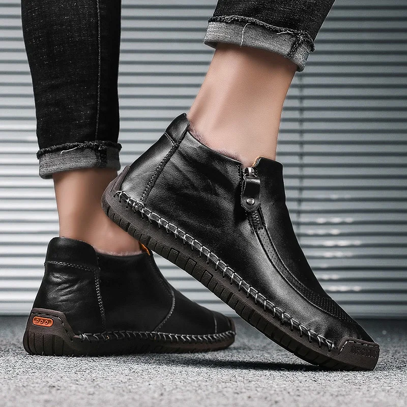

2020 New Fashion Men Boots High Quality Split Leather Ankle Snow Boots Shoes Warm Fur Plush Winter Shoes Plus Size 38-48