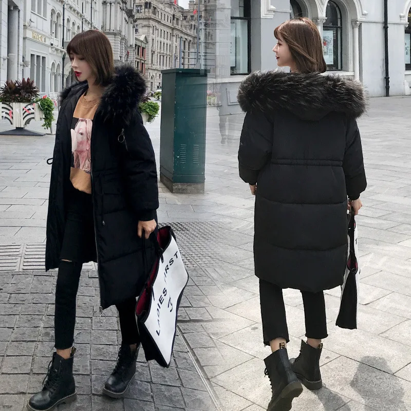 

Women's Down Jacket Fur Hooded Thicken Zipper Female Jacket Long Down Jacket Women Casual Solid Long Sleeve Warm Cotton Coats