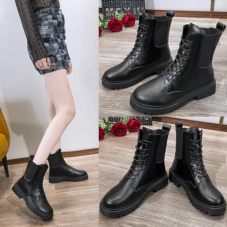 

Женские ботильоны 2021, весенние мотоциклетные ботинки, обувь на толстом каблуке и платформе, женские модные ботинки без застежки с круглым н...