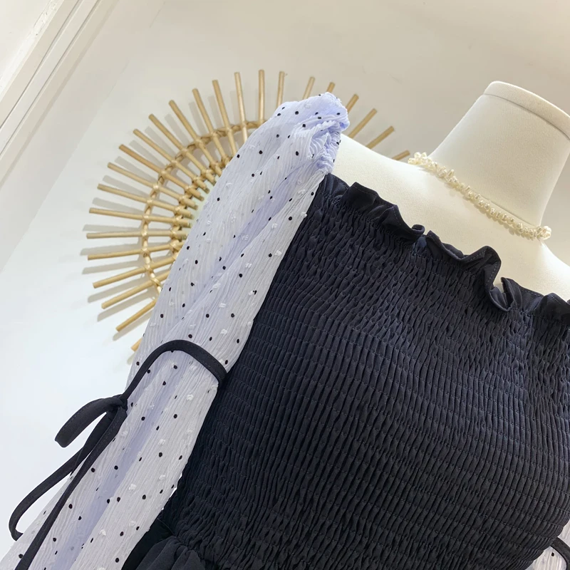 

2021 Temperament Square Collar Dresses for Women New Dot Long Sleeve Vestido Feminino Spring Summer Elegant Robe Femme