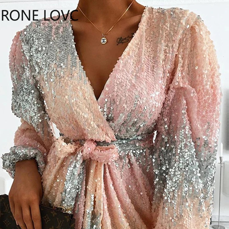 Женское шикарное мини-платье с V-образным вырезом блестками поясом и