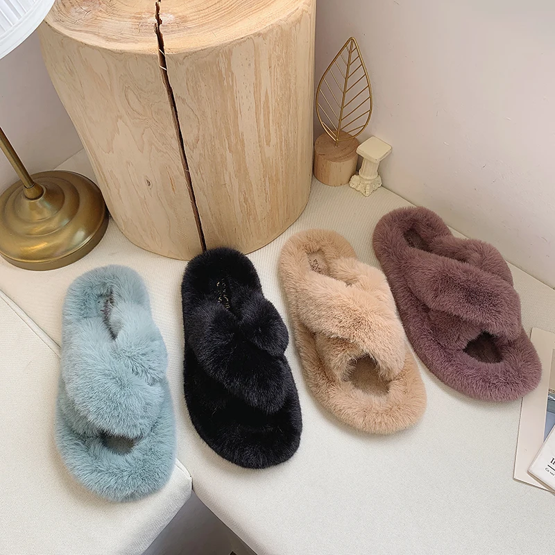 YIdemusha Winter Women Home Slippers with Faux Fur New Fashion Warm Shoes Woman Slip on Flats Female Slides Black Casual | Обувь