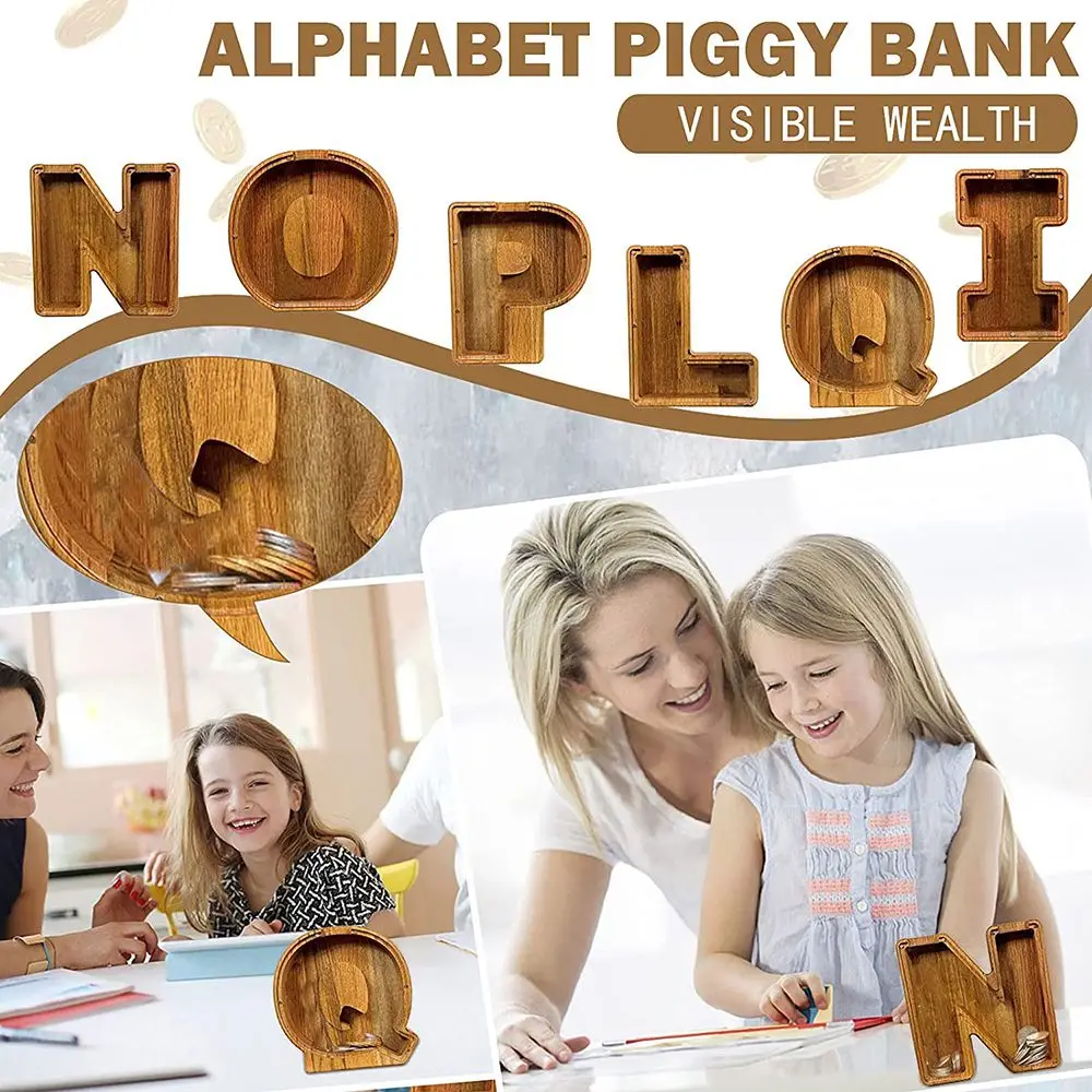 

Money Jar Personalized Alphabet Kids Wooden Piggy Bank Toy Toddler Money Banks Saving Coin Box