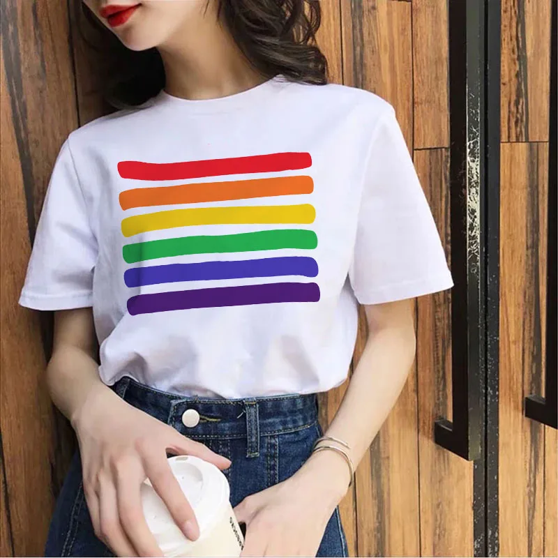 

2022 Best Seller T-shirt Watercolor Rainbow Horizontal Line Women Summer Round Neck Cute Print Tees Tops Clothes Tshirt