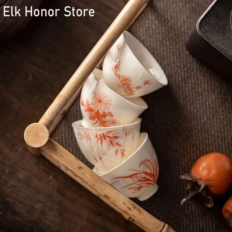 

4PC/Set Hand Painted Orchid Flower Art TeaCups White Jade Porcelain Mugs Kung Fu Tea Master Cups Sopera Gentleman Personal Cups