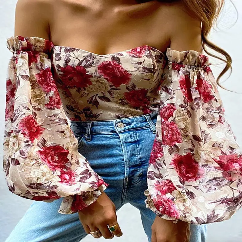 

Sexy Off Shoulder Ruffles Summer Crop Top Fashion Women Holiday Beach Shirt Vintage Leaf Printed Elegant 2021 Female Blouse