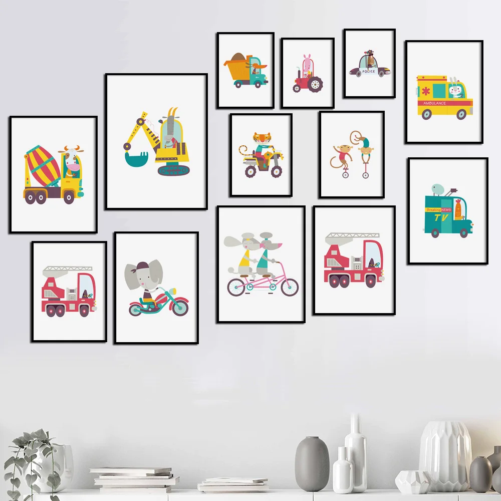 

Baby Kids Room Decor Poster Car Bus Wall Art Painting Bus with Animals Ride Minimalist Excavator Picture for Child Kids Room