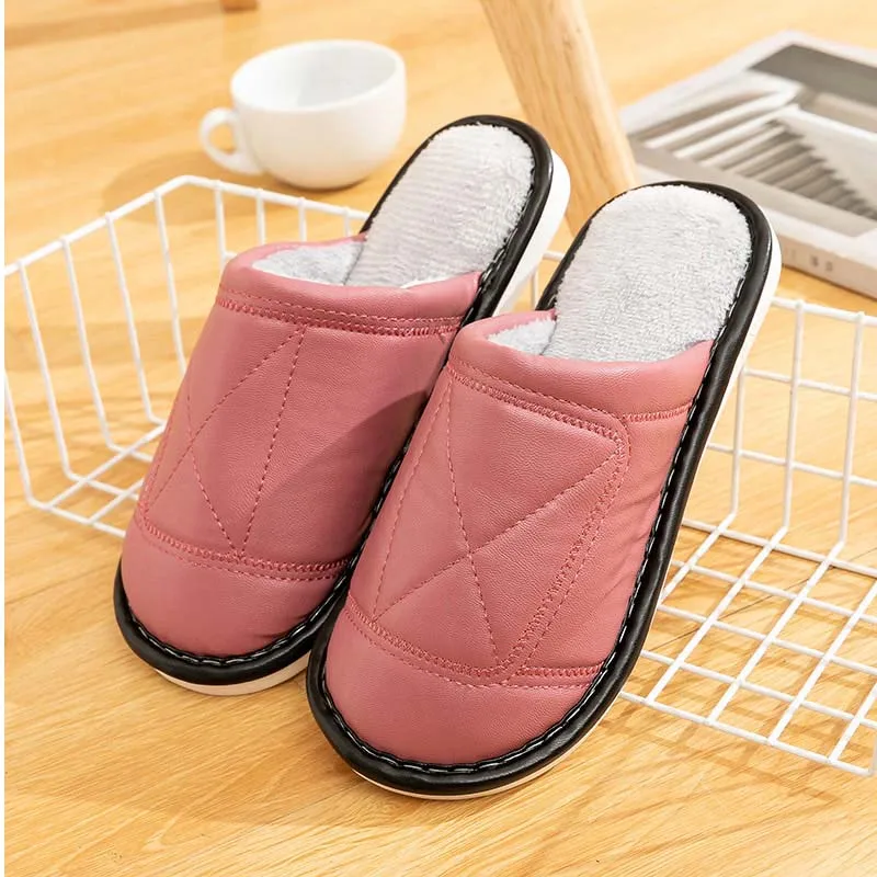

2021 Winter Women Slippers PU Patchwork Fur Waterproof Ladies House Furry Slides Mixed Color Sewing Warm Non Slip Casaul Shoes